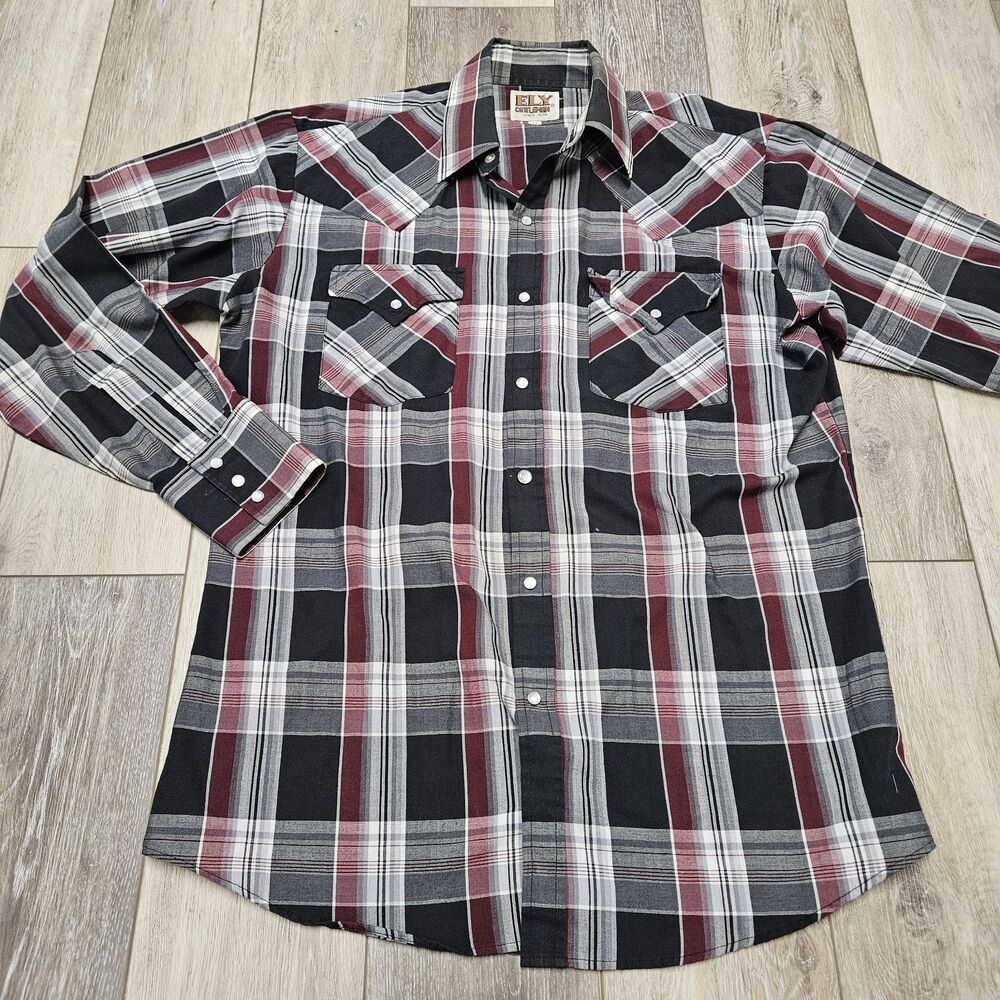 Ely Cattleman Vintage Pearl Snap Western Shirt Plaid Black Red Men's Medium